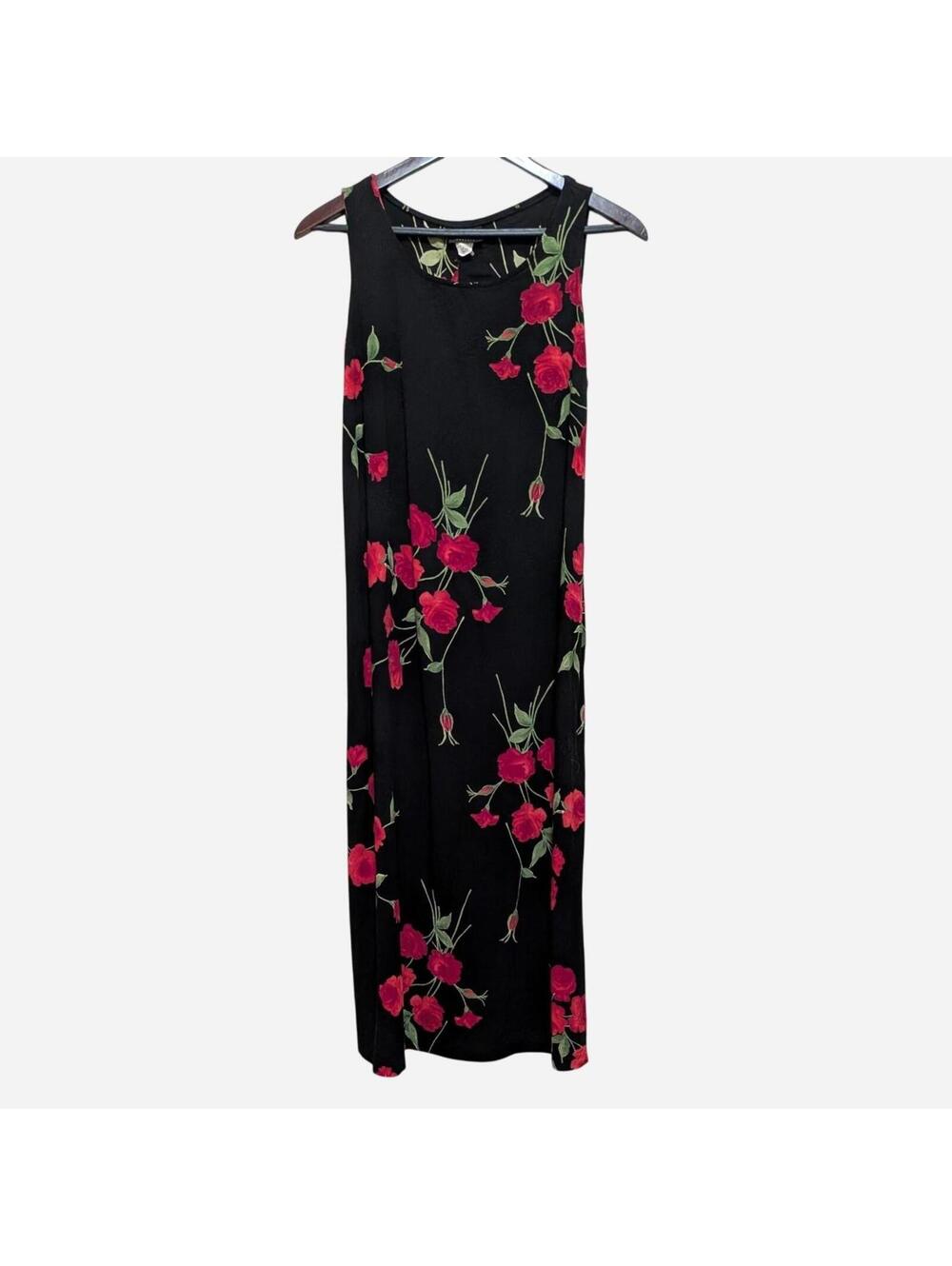 1990s Teddi Dress Red Rose Print Rayon Column Maxi Dress Self-Tie Waist Sz Large